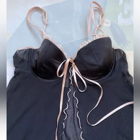 VTG Victoria’s Secret Black Mesh Sheer Babydoll Pink Trim Open FrontSize M - Picture 7 of 13